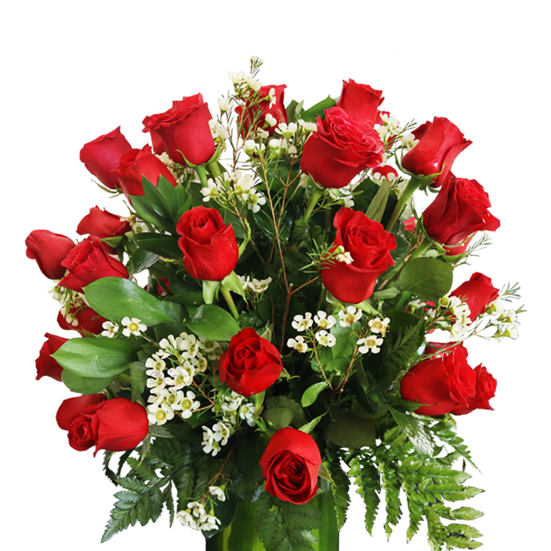 Roses with Fillers in Glass Vase | Gorgeous Reds Arrangement