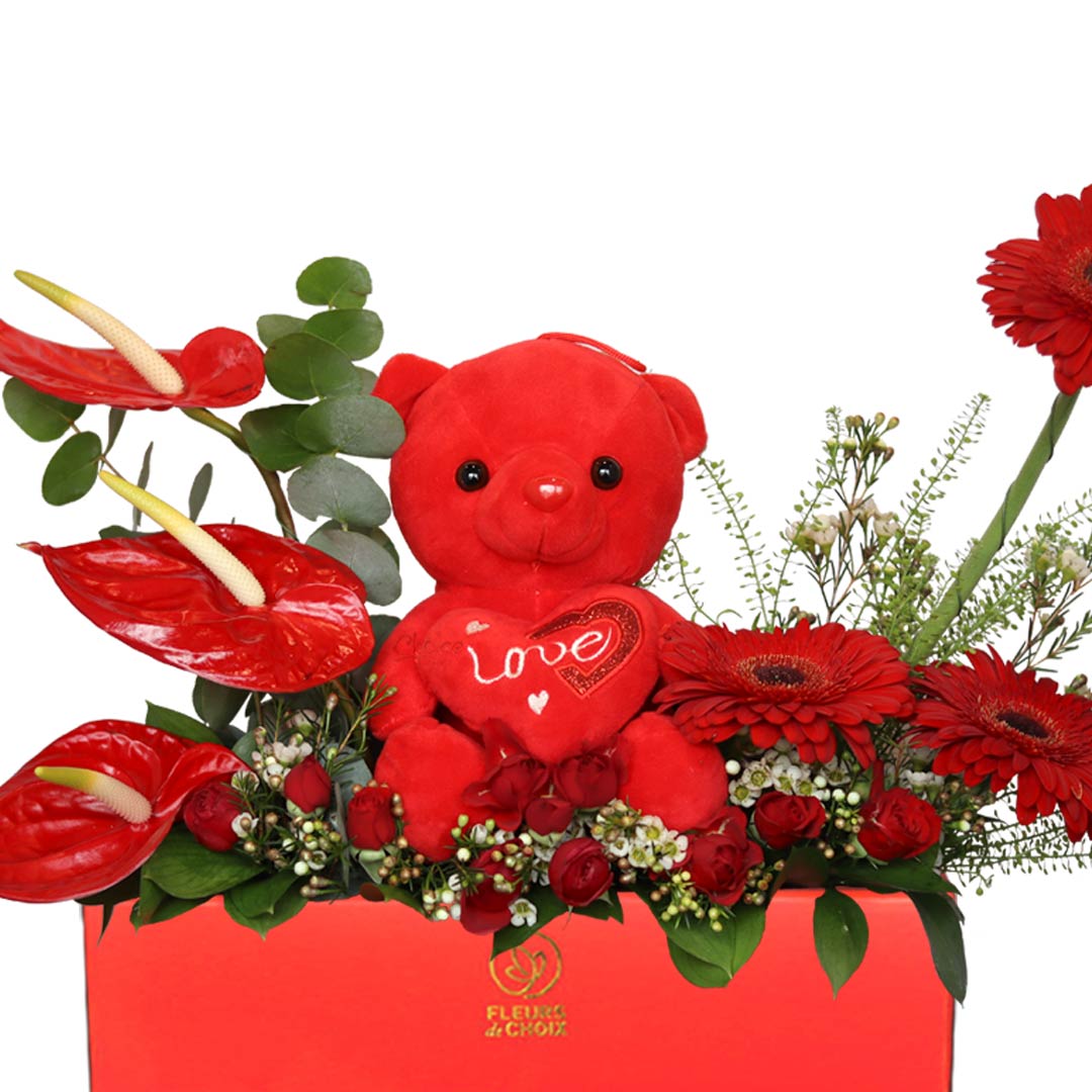 Red Flowers with Teddy | Valentines Day Special Arrangement